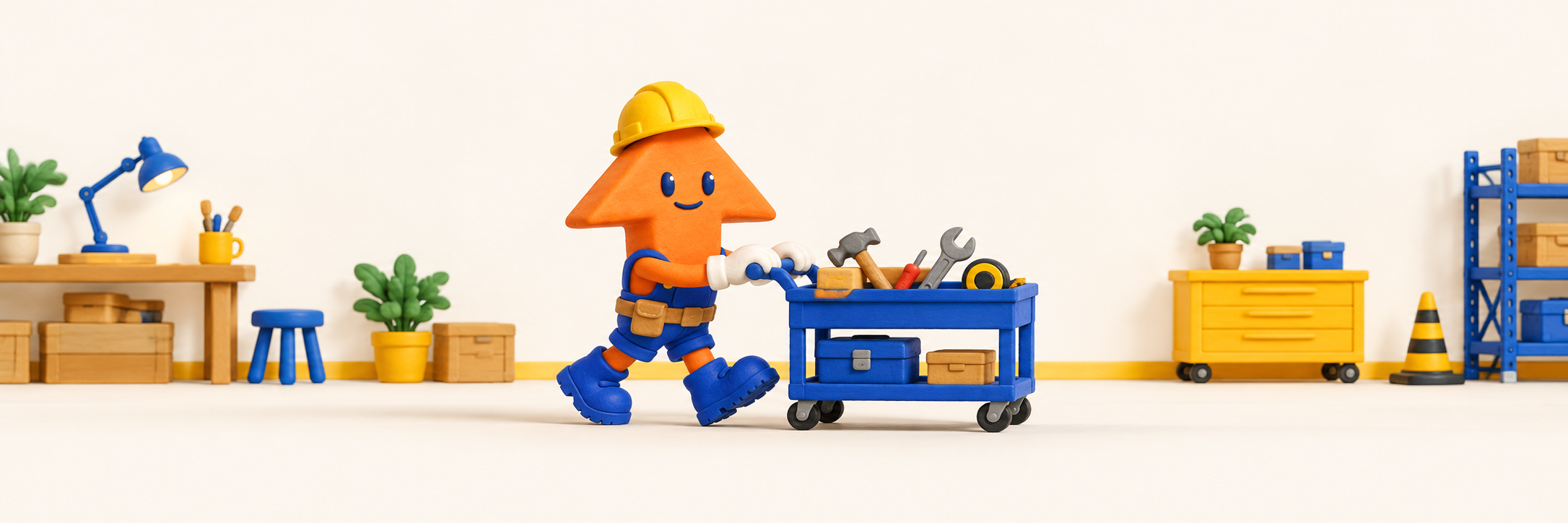 Arrow Stonk pushes a toolbox cart across its miniature workshop.