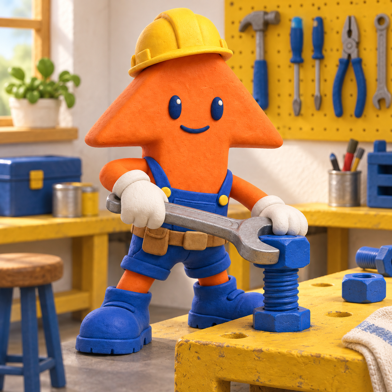 The arrow worker tightens a large blue bolt.