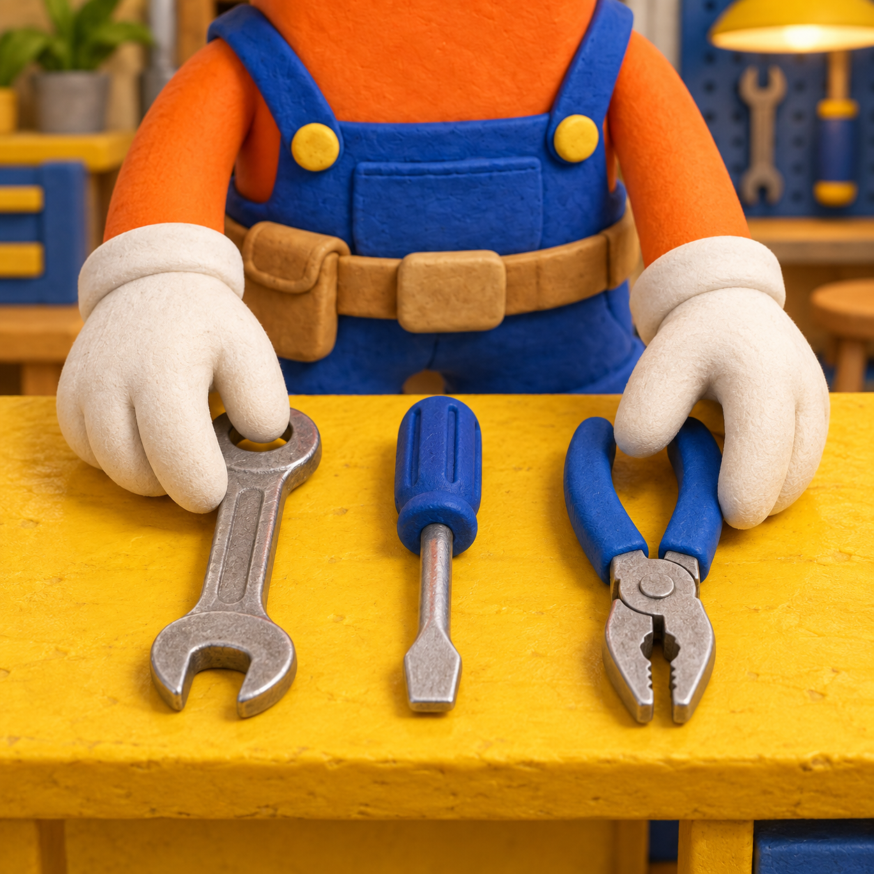 Ivory clay gloves neatly arrange tools on a yellow workbench.